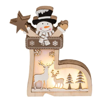 Houten kerst decoratie met LED - kerst laars met sneeuwpop