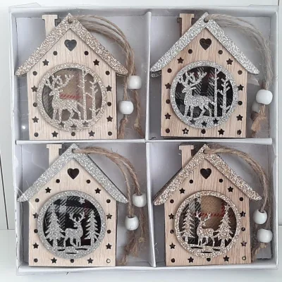 Kerstboomhangers huisjes set goudzilver glitters