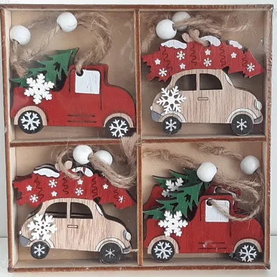 Kerstboomhangers houten auto's in houten doosje
