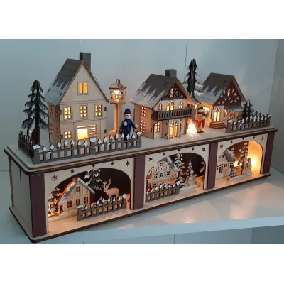 Houtsnijwerk kerst dorp 2 lagen met led verlichting
