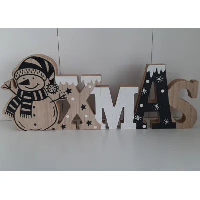 Houten letters Xmas met sneeuwpop 39cm breed