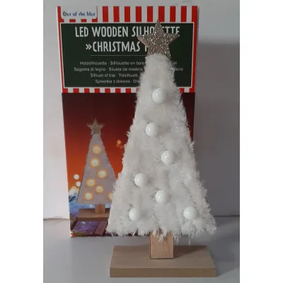 Houten silhouet kerstboom fluffy met ledlampjes recht model