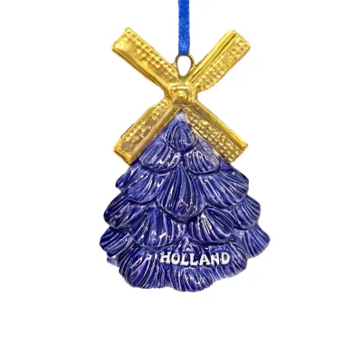 Kerstboom hanger kerstboom Delftsblauw met gouden molen wieken