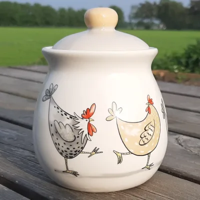 Keramieken suikerpot met kippen decoratie