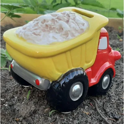 Spaarpot vrachtwagen-kiepwagen in vrolijke kleuren