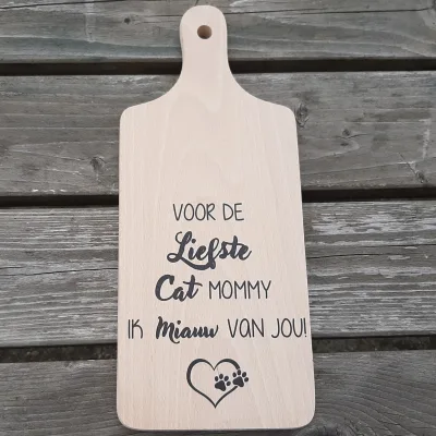 Borrelplank Cat Mommy – Houten borrelplank met tekst “Ik miauw van jou” – Cadeau voor kattenliefhebber