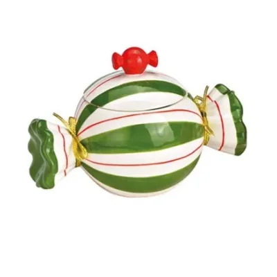 Snoeptrommel in de vorm van een kerstsnoepje groen en wit