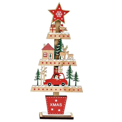 Kerstboom van hout 28 cm kerstsfeer met o.a. een auto