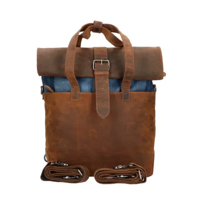 LD leren rugtas schoudertas bruin met denim groot 15 inch laptop