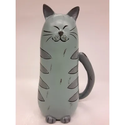 Aardewerk Beeldje Staande Kat – Pastel Blauw-Grijs met Zwarte Accenten | Sfeervolle Decoratie