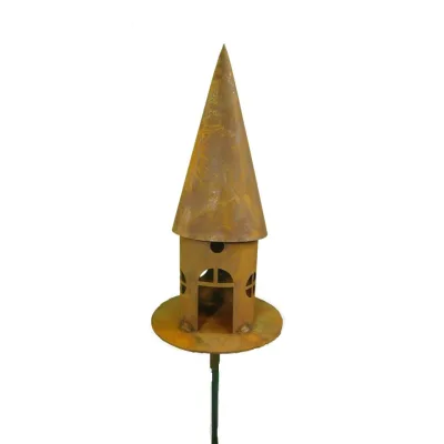 Vogelhuisje rond met grondstang, hoogte 43 cm met hoekige ramen, roest design