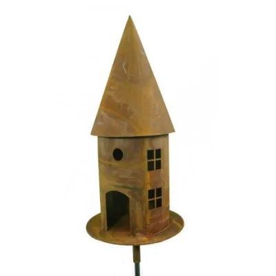 Vogelhuisje rond met grondstang, hoogte 45 cm met hoekige ramen, roest design