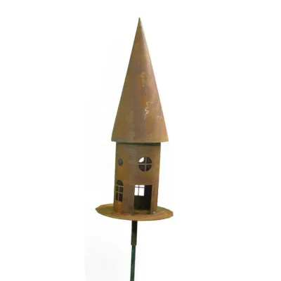 Vogelhuisje rond met grondstang, hoogte 53 cm met hoekige ramen, roest design