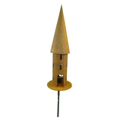 Vogelhuisje rond met grondstang, hoogte 66 cm met hoekige ramen, roest design