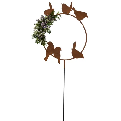 Decoratieve vogelring vertikaal voorzien van 6 vogels, tuinsteker, roest design