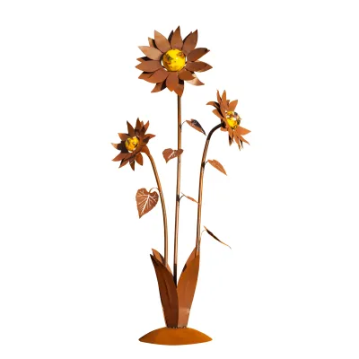 Decoratieve zonnebloem voorzien van drie glazen bollen, roest design