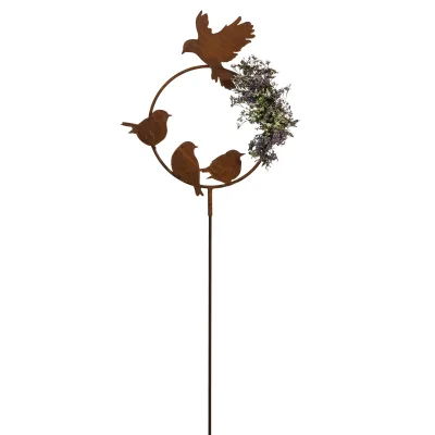 Decoratieve vogelring vertikaal voorzien van 4 vogels, tuinsteker, roest design