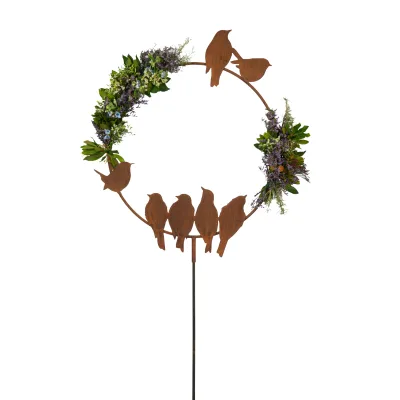 Decoratieve vogelring vertikaal voorzien van 7 vogels, tuinsteker, roest design
