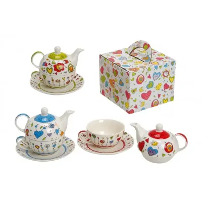 Theepot set met kop en schotel bont gekleurd
