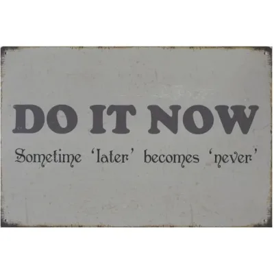 Metalen tekstbord Motiverende Quote "Do it now sometime 'later' becomes 'never'"