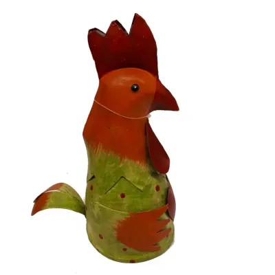 Metalen beeldje kip met hart groen oranje handmade by Varios
