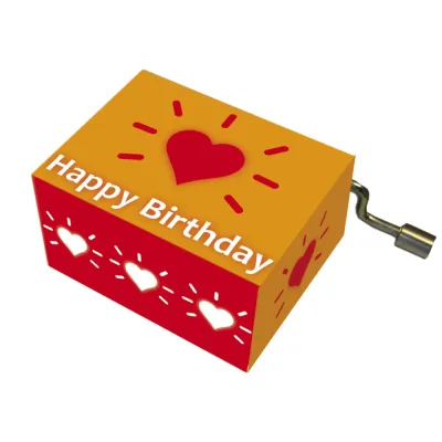 Muziekdoosje verjaardag hartjes rood oranje en melodie Happy Birthday