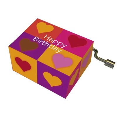 Muziekdoosje verjaardag hartjes in vierkantjes en melodie Happy Birthday