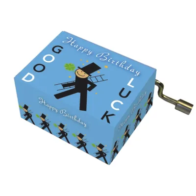 Muziekdoosje verjaardag blauw met GOOD LUCK en melodie Happy Birthday