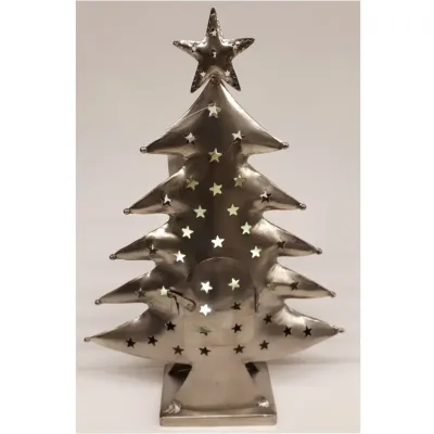 Metalen kerstboom als waxinelicht houder in zilver kleur