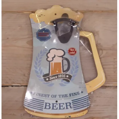 Flesopener voor aan de wand op houten bierpul in lichtblauw