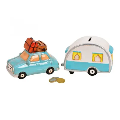 Spaarpot vakantie auto met caravan van keramiek