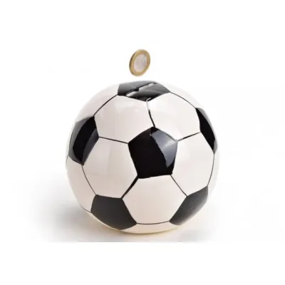 Spaarpot voetbal in zwart wit 13 cm gemaakt van keramiek