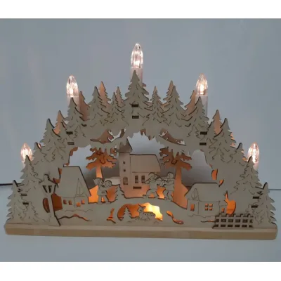 Houten decoratieboog raamdecoratie kerstbomen en kerst dorp met ledverlichting