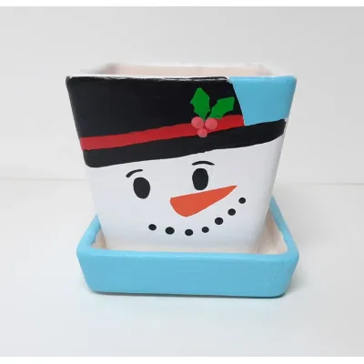 Fairtrade winter of kerst bloempotje waxinelichtje hoofd sneeuwman met schotel vierkant