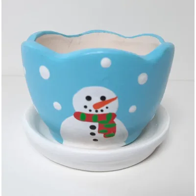 Fairtrade winter of kerst bloempotje waxinelichtje lichtblauw met schotel rond