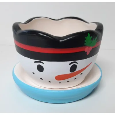 Fairtrade winter of kerst bloempotje waxinelichtje sneeuwpop met schotel rond