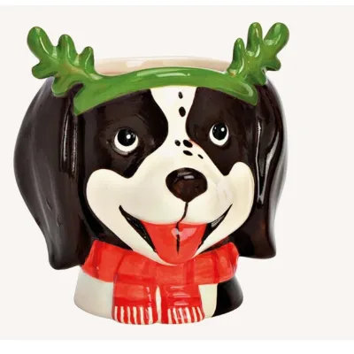 Bloempot kerst hond zwart en wit met misletoe diadeeem