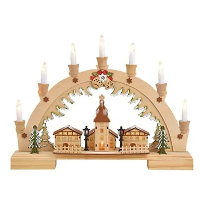 Houtsnijwerk kerst lichtboog voor raam met 7 led kaarsen en afbeelding kerk